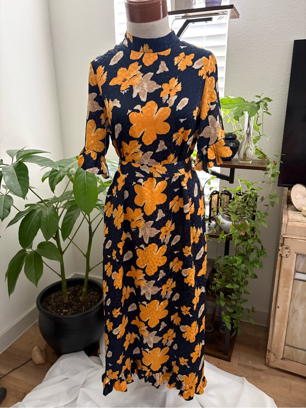 ASOS Navy Floral High Neck Ruffle Short Sleeve Midi Dress Size US6 Cottagecore